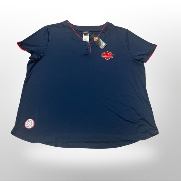 *Harley Davidson*Women's Sz 3XL●Navy Blue/Red Jersey TypeBlouse Sequin LOGO - Picture 1 of 6
